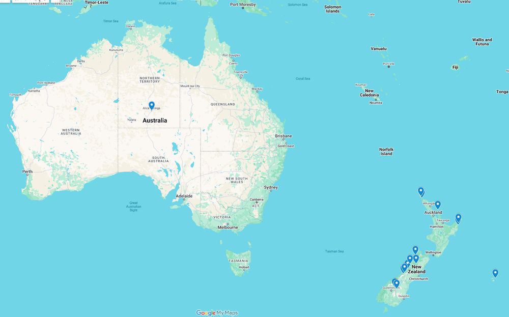A map of Australia and New Zealand with blue dots that indicate where school have signed up to receive the Crystal Explorer kits