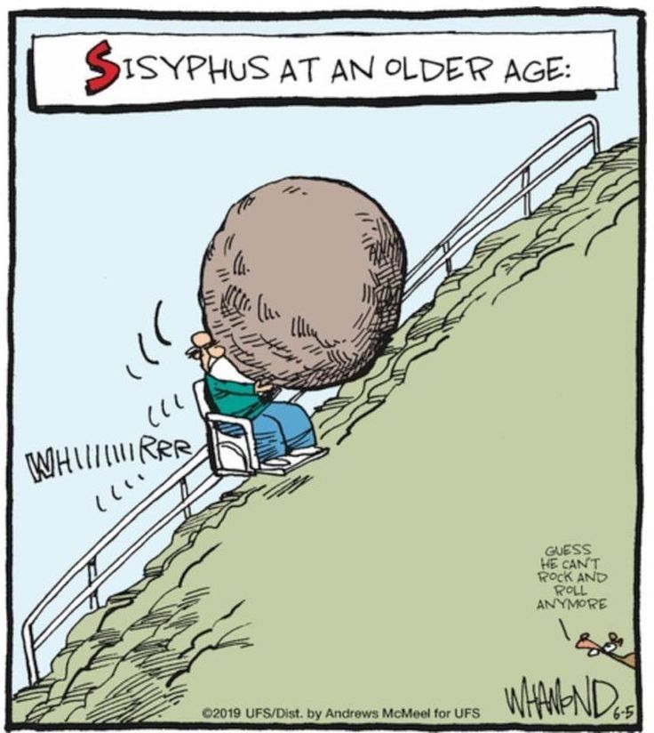 Sisyphus at an older age Cartoon. Ein Mann der eine riesige Kugel mit dem Treppenlift nach oben schiebt. 