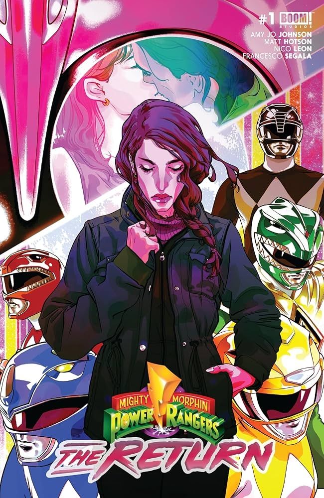 The cover for Power Rangers: The Return shows Kimberly Hart in front of the other five Rangers, as well as her Pink Ranger helmet, the visor of which reflects an image of her and Tommy embraced in a kiss.