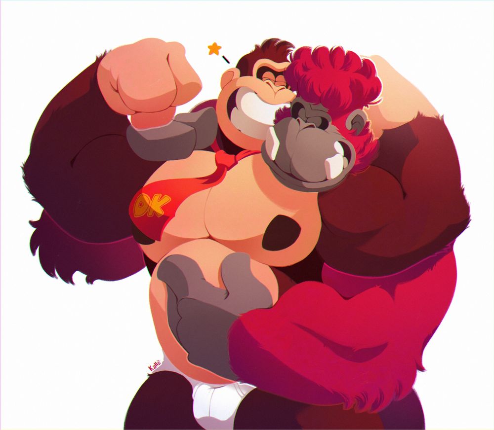 donkey kong se exibindo, enquanto grumpy kong o abraça por trás