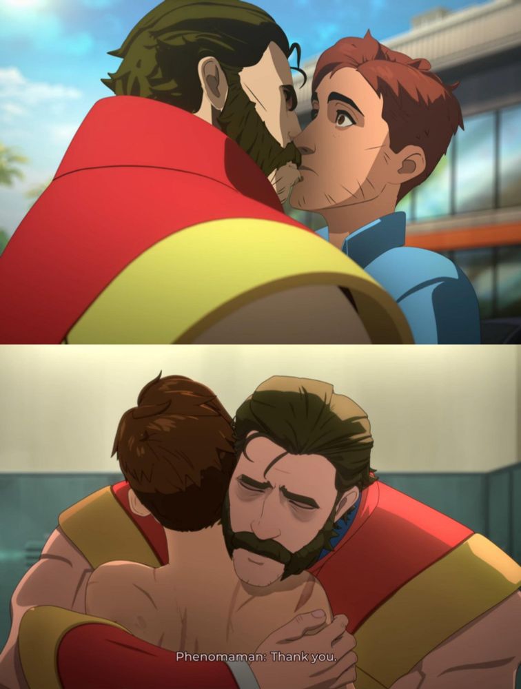 cenas do jogo dispatch

na primeira o protagonista é beijado pelo personagem phenomaman, que apenas quer descobrir se ele foi o motivo do seu termino

na segunda o personagem phenomaman abraça o protagonista muito forte, só que num vestuário, e enquanto o protagonista está sem roupas