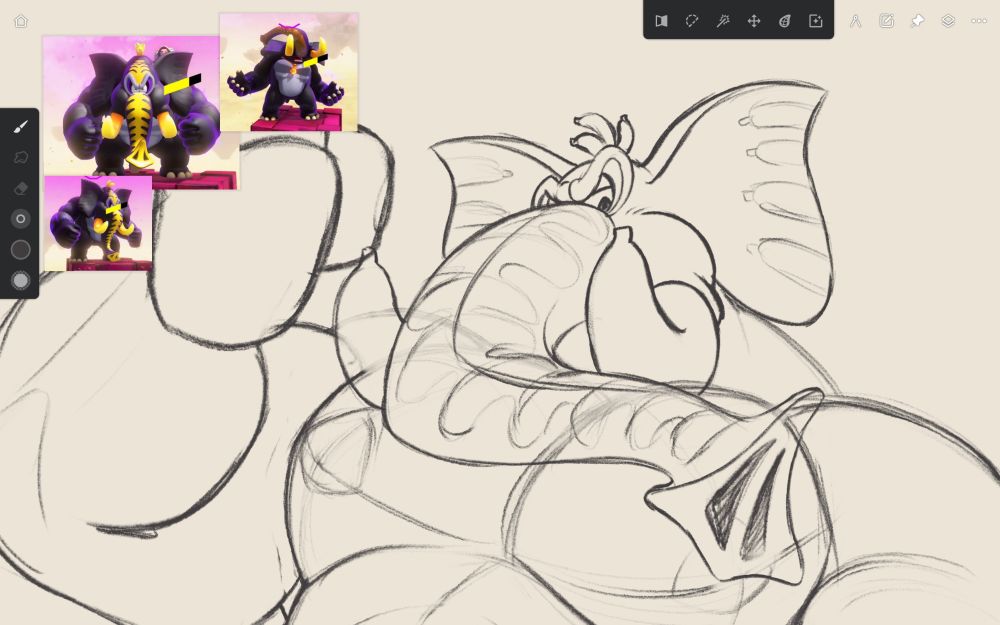 arte digital ainda em progresso do personagem donkey kong na sua forma elefante bananza