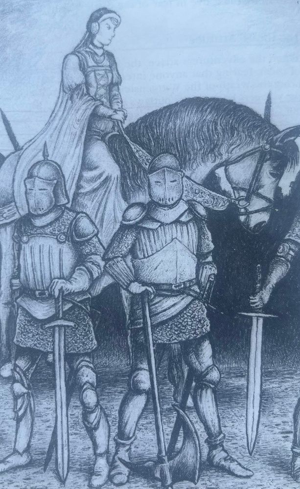 Illustration of Lady Margritte Von Wittgenstein, main npc from Death on the Reik adventure from The Enemy Within campaign. The Pale Lady riding her horse and armed guards protecting in front. Illustrated by Martin McKenna, published by Games Workshop in 1987.
