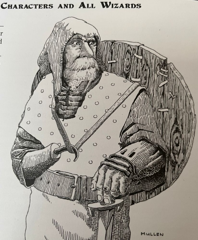 Illustration drawing with black ink pictures adventurer character with left hand holding sword and right hand substituted by a hook holding a shield on his back. Illustration by Peter Mullen for the Dungeon Crawl Classics role playing game, published by Goodman Games.