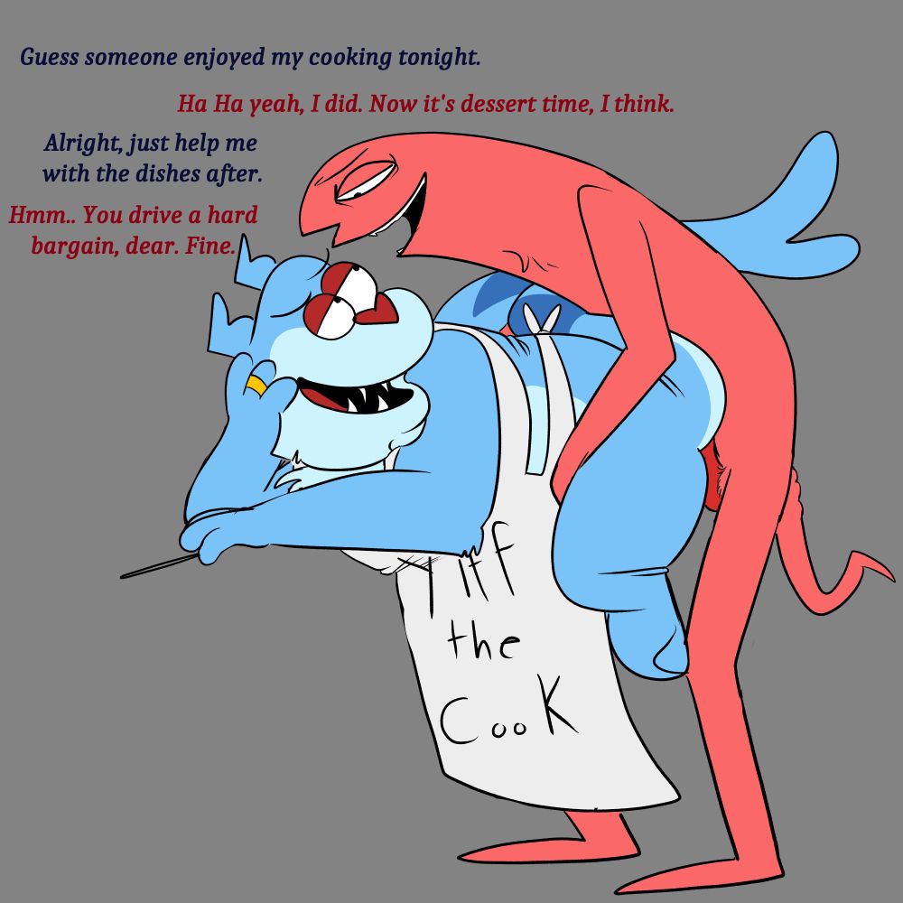 Allan from Smiling Friends having doggy-style sex with my sona, Whatwulf, a blue shark-wolf-critter hybrid. They're flirtaciousley talking to each other while Allan rubs his cock against Whatwulf's backside. Whatwulf is wearing an apron that says 'yiff the cook' on it.

Their dialogue is as follows.

Whatwulf: Guess someone enjoyed my cooking tonight.
Allan: Haha, yeah. I did. N ow it's dessert time, I think.
Whatwulf: Alright. Just me with the dishes after.
Allan: Hmmm...You drive a hard bargain, dear. Fine.