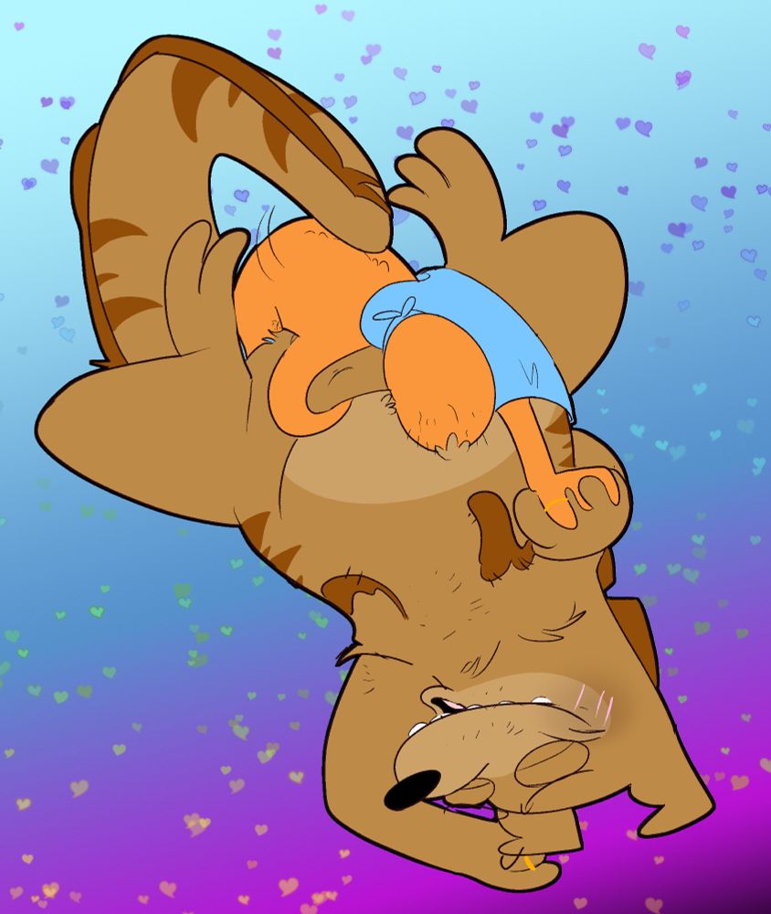 Peleeken from YOLO having missionary sex with an 8 foot Kangaroo-Thylacine anthro hybrid while they hold hands. Peleeken's face is buried in his partner's belly fur. His partner is smiling with his eyes closed.