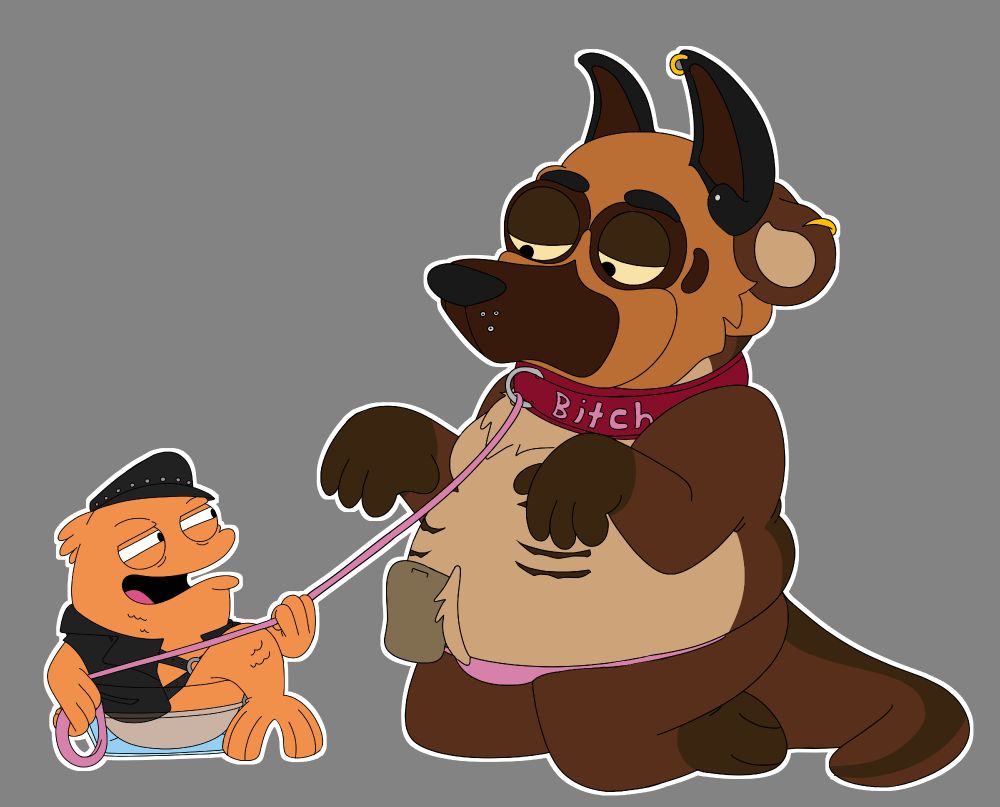 Klaus from American Dad in a petplay scenario with my OC, Rick the fishercat. Klaus is in leather gear and in his little water dish tugging on the leash that is attached to the collar Rick is wearing. Rick is on his knees in the begging position with a German Shepherd pupmask on. 
