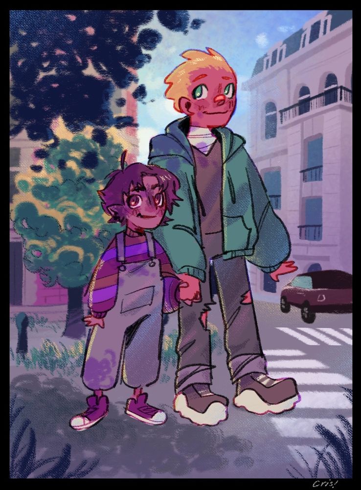 A child and an adult walking in the street. They smile.