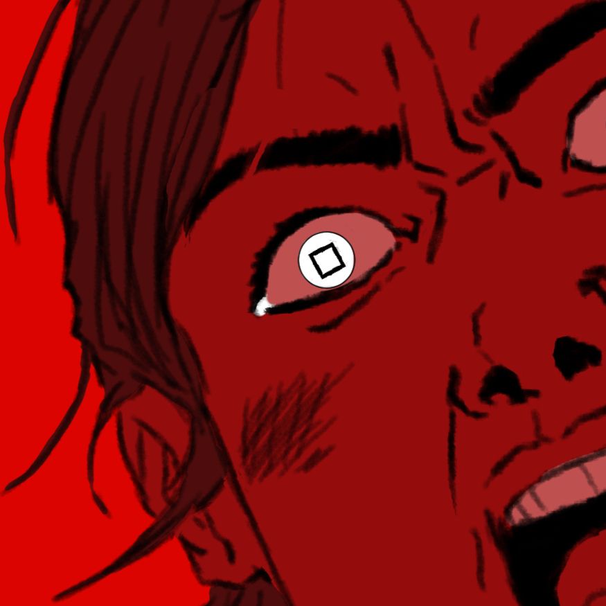 A close-up of the above image, highlighting the 'Press Square' prompt in Ellie's eye.