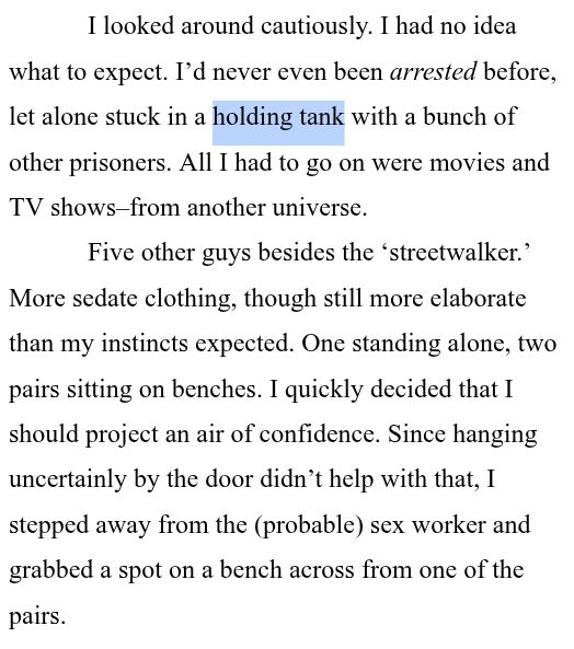 I looked around cautiously. I had no idea what to expect. I’d never even been arrested before, let alone stuck in a holding tank with a bunch of other prisoners. All I had to go on were movies and TV shows–from another universe.
Five other guys besides the ‘streetwalker.’ More sedate clothing, though still more elaborate than my instincts expected. One standing alone, two pairs sitting on benches. I quickly decided that I should project an air of confidence. Since hanging uncertainly by the door didn’t help with that, I stepped away from the (probable) sex worker and grabbed a spot on a bench across from one of the pairs.