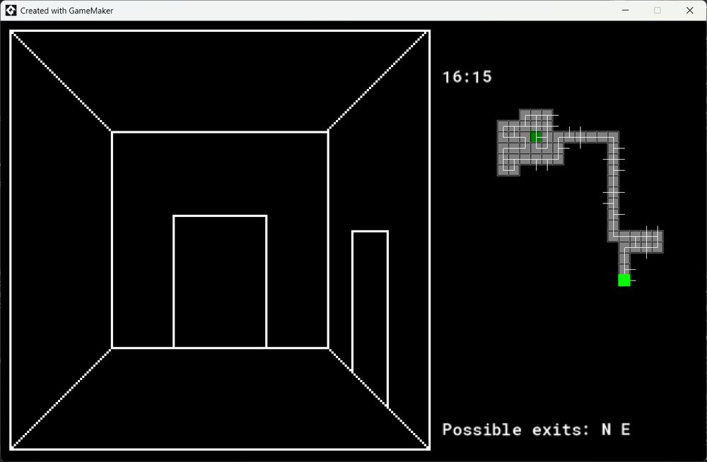 A wireframe display of a dungeon room on the left side. On the right you can see a minimap of the visited places, the possible exits and the coordinates of the current room
