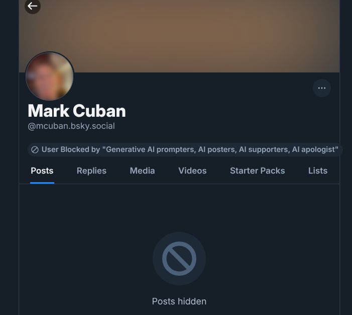 Screenshot of Mark Cuban's bluesky page showing user blocked.