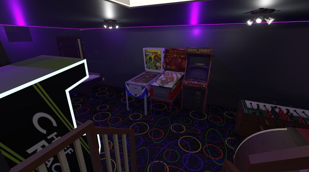 A 3D render of a basement arcade, from the stairs leading down into it.