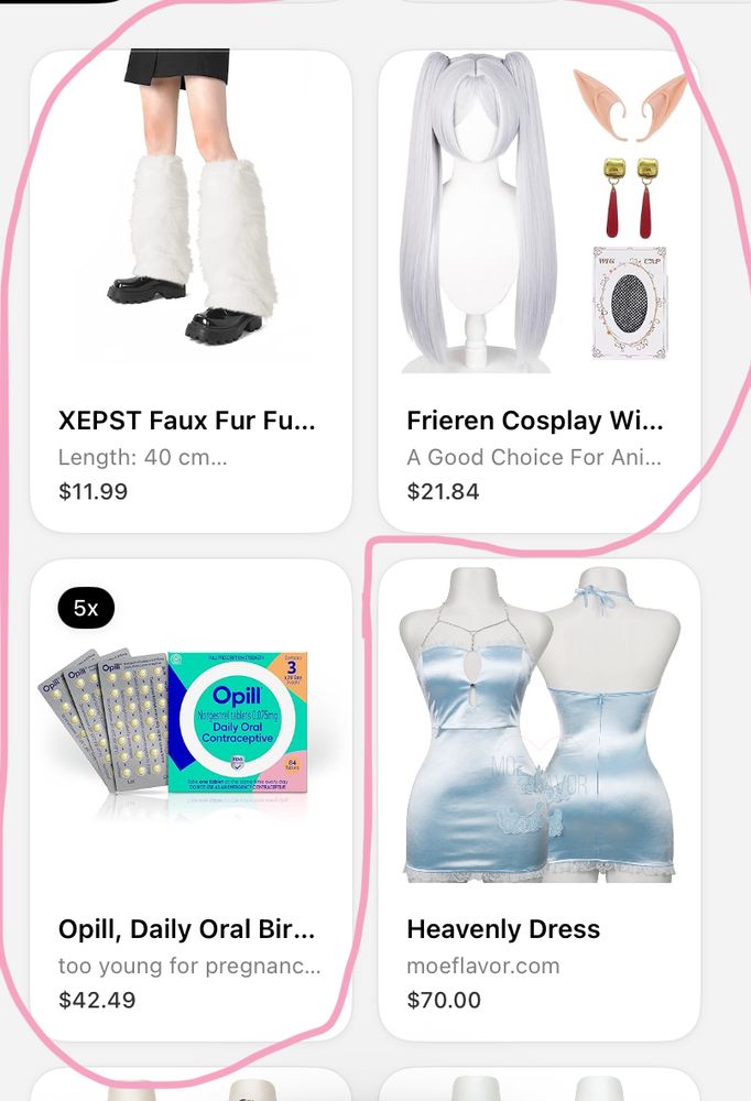 Throne screenshot circling boot covers, a frieren wig, and birth control 