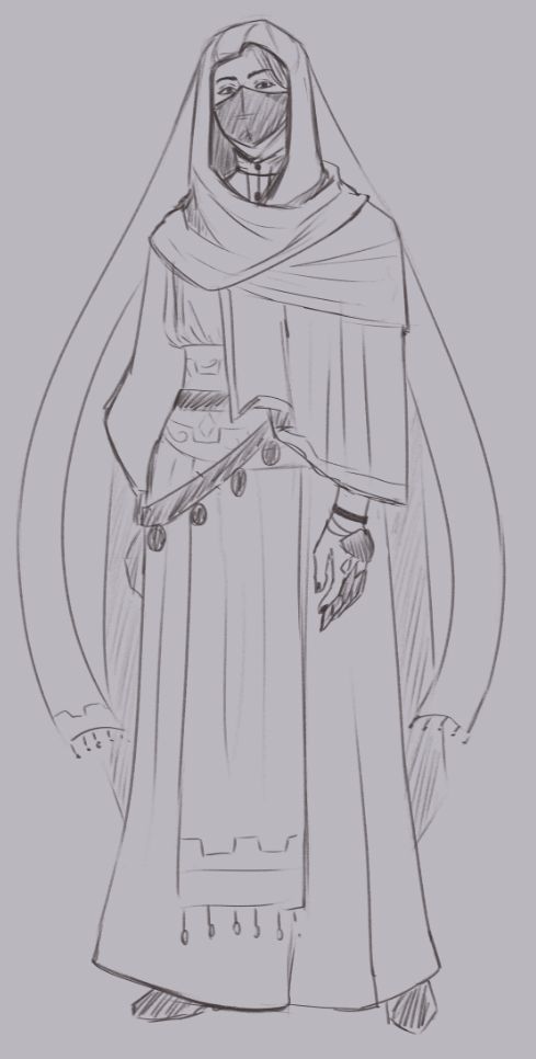 A pencil-like digital sketch of a figure standing, looking at the camera. This is a concept sketch for the type of clothing that the merchant's guild, called the Cerulean Pass, wears in my dungeons and dragons homebrew campaign. They are wearing a loose scarf over their head, and flowy, loose fitting robes.
