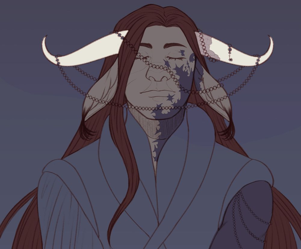 A work in progress illustration of a meditating/praying firbolg man. 