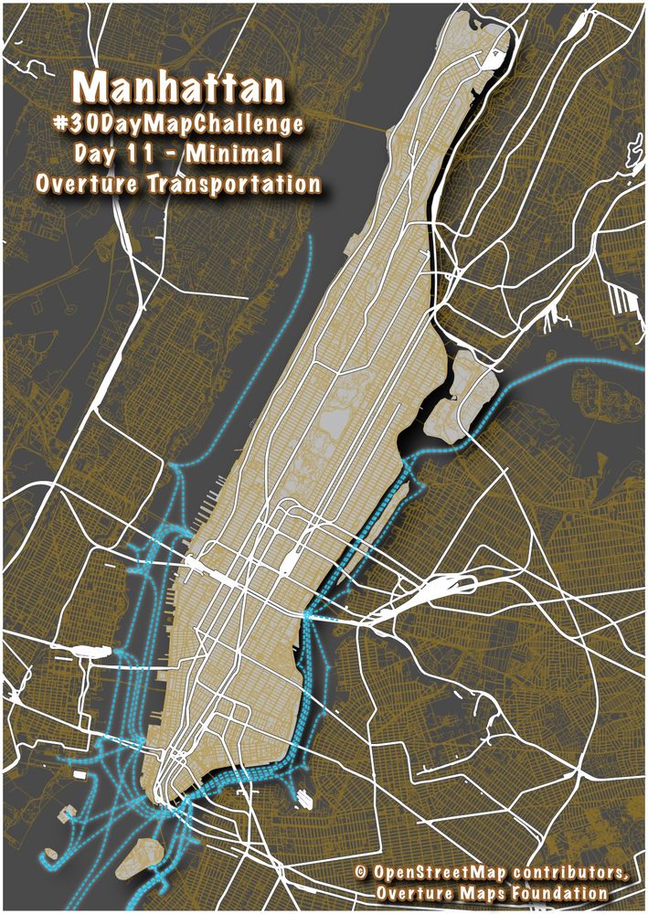 transportation lines in Manhattan including ferries, railways, and roads. Data from OpenStreetMap & Overture Map Foundation