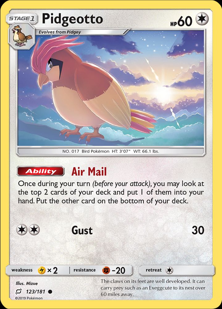 Pidgeotto from Team Up. A Colorless-type Stage 1 with 60 HP, a Lightning Weakness, a Fighting Resistance, and a Retreat Cost of 1.

Air Mail is an Ability that works once per turn. It lets you look at the top 2 cards of your deck and put 1 in your hand and the other on the bottom of your deck.

Gust does 30 damage for 2 Colorless Energy.