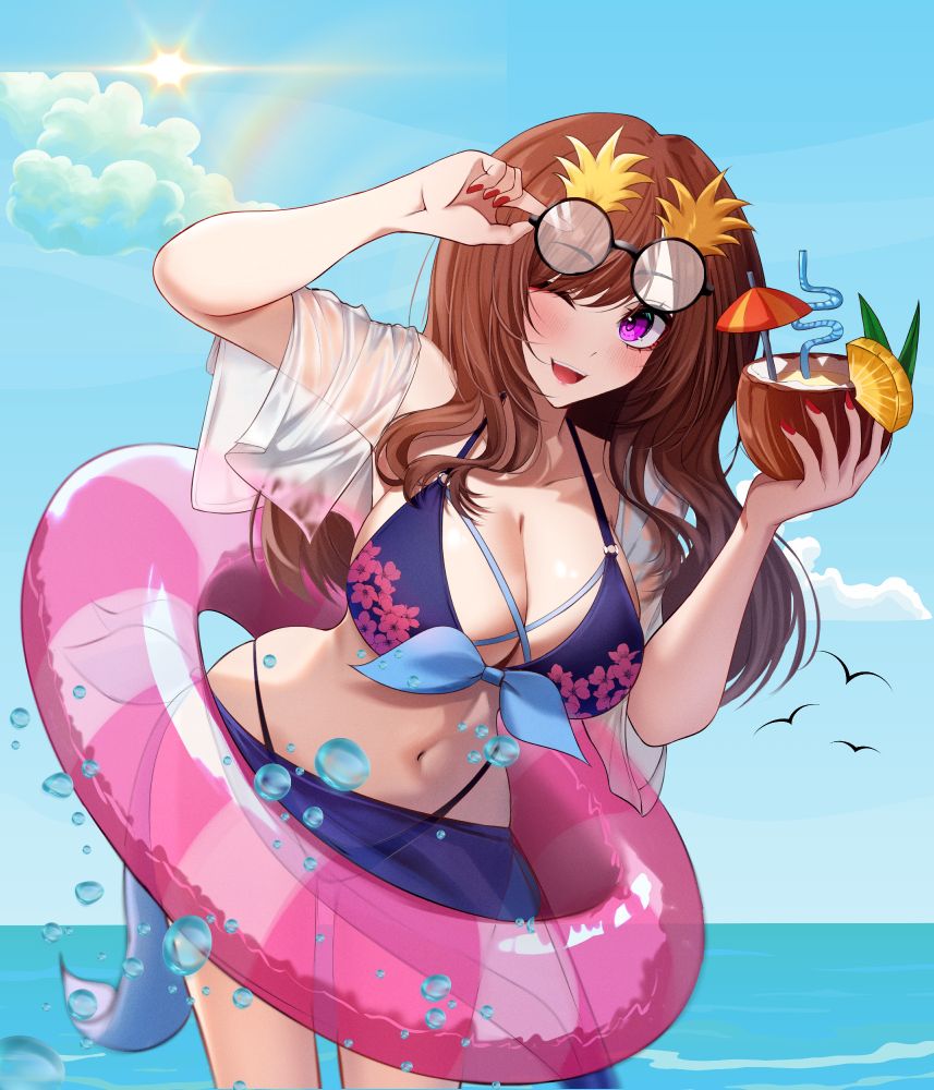 Katie, with long brown hair and pink eyes, wearing a blue bikini with a pink floral pattern. She has glasses up on her forehead, which she's adjusting with her right hand (which has red nail polish). She's holding a coconut drink in her left hand. A pink floatie is loosely around her waist.