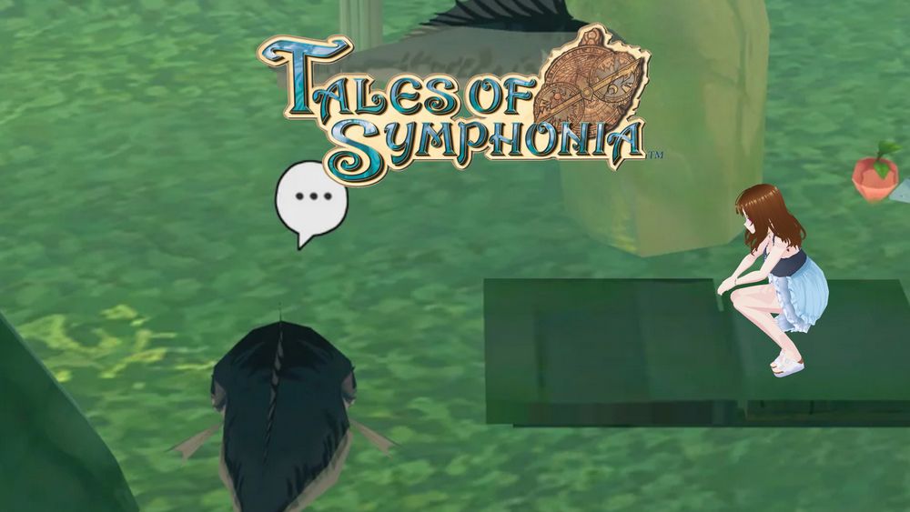 Tales of Symphonia promo image in which Katie seems to be having a staring context with a giant fish in the water.
