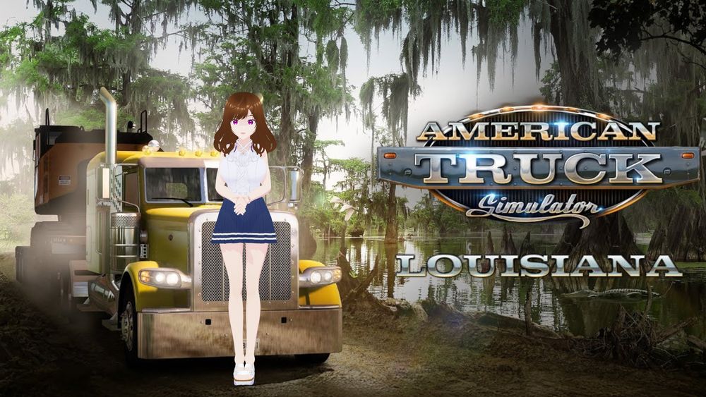 Katie is wearing her blue skirt and white top, standing with her hands clasped together in front of her.

She's put on a background of a truck on a road in a swamp, for American Truck Simulator Louisiana.