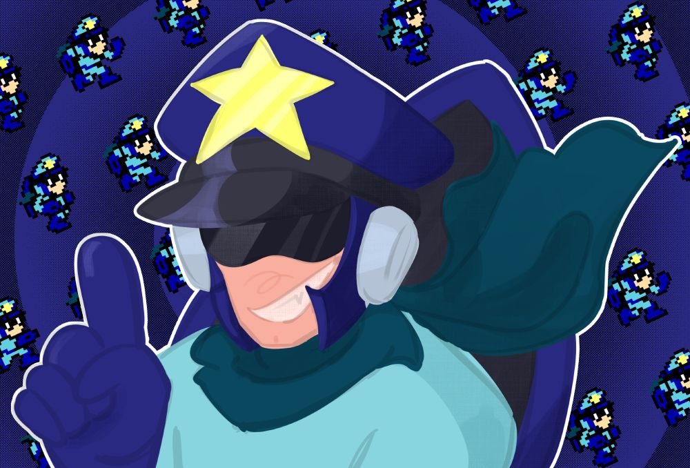 A drawing of Scrotoman from the Unholy Bosses modification for Mega Man 8-Bit Deathmatch. He is grinning and pointing up a finger on front of a repeating background of his running sprites.