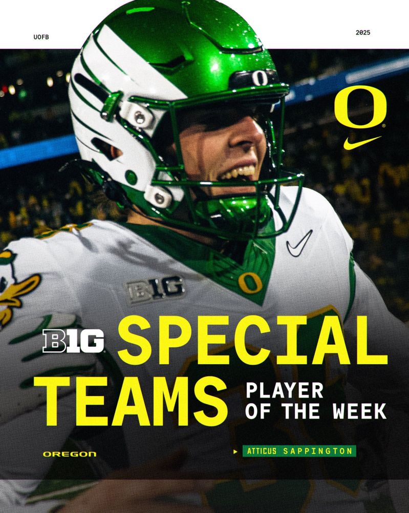 Oregon football's kicker Atticus Sappington is the Big Ten Special Teams Player of the Week