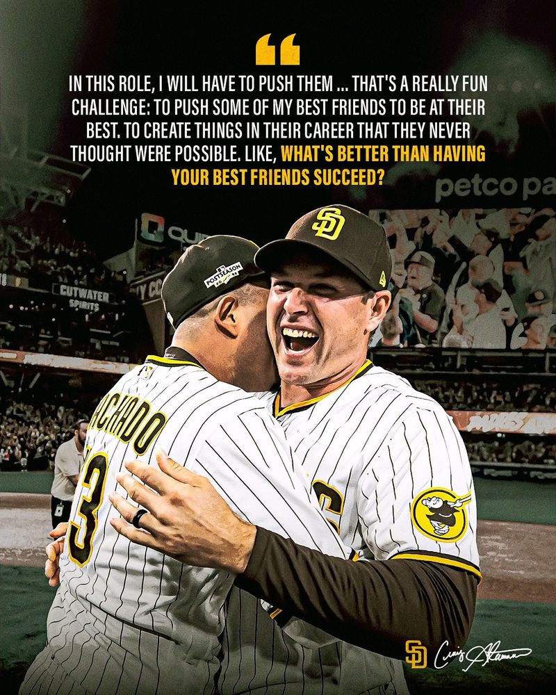 Craig Stammen quote graphic. The photo featured in the graphic shows Craig Stammen and Manny Machado hugging after a postseason win. The quote at the top of the graphic reads, "In this role, I will have to push them ... that's a really fun challenge: to push some of my best friends to be at their best. To create things in their career that they never thought we're possible. Like, what's better than having your best friends succeed?" In the bottom right corner of the graphic, there is a gold "SD" logo and Craig's signature in white.