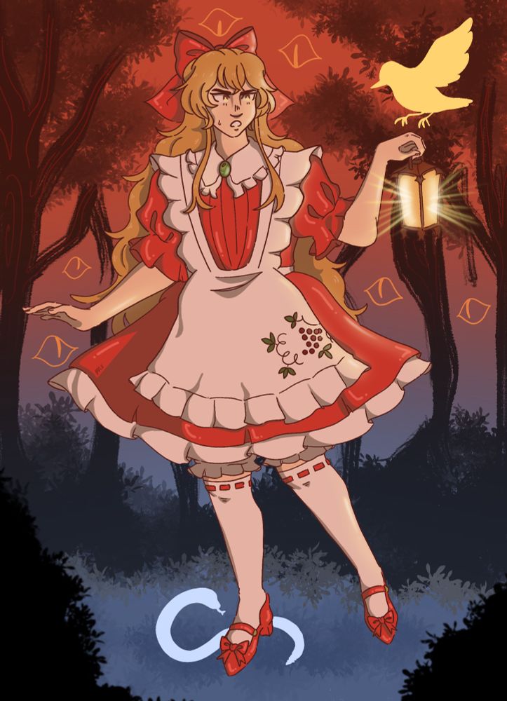 An original drawing of Elise carrying a lantern from the horror adventure game “Little Goody Two Shoes”; she is implied to be traveling through a forest while accompanied by a snake and crow as the setting transitions into the Witching Hour.