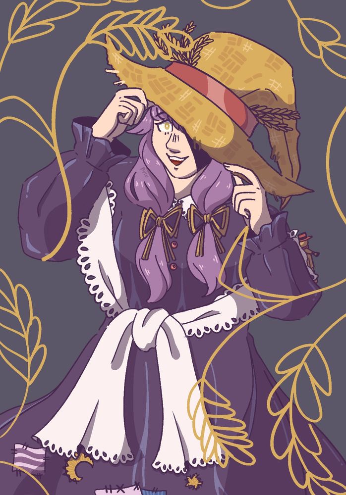 An original drawing of Rozenmarine from the horror adventure game “Little Goody Two Shoes”. Her face is partially obscured as she looks upward, her hands holding onto the brim of her straw hat. Doodles of golden wheat stalks encircle her.