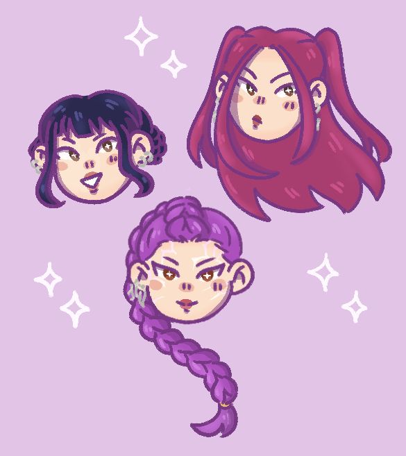 chibi art of zoey, rumi, and mira (left to right) from kpop demon hunters!