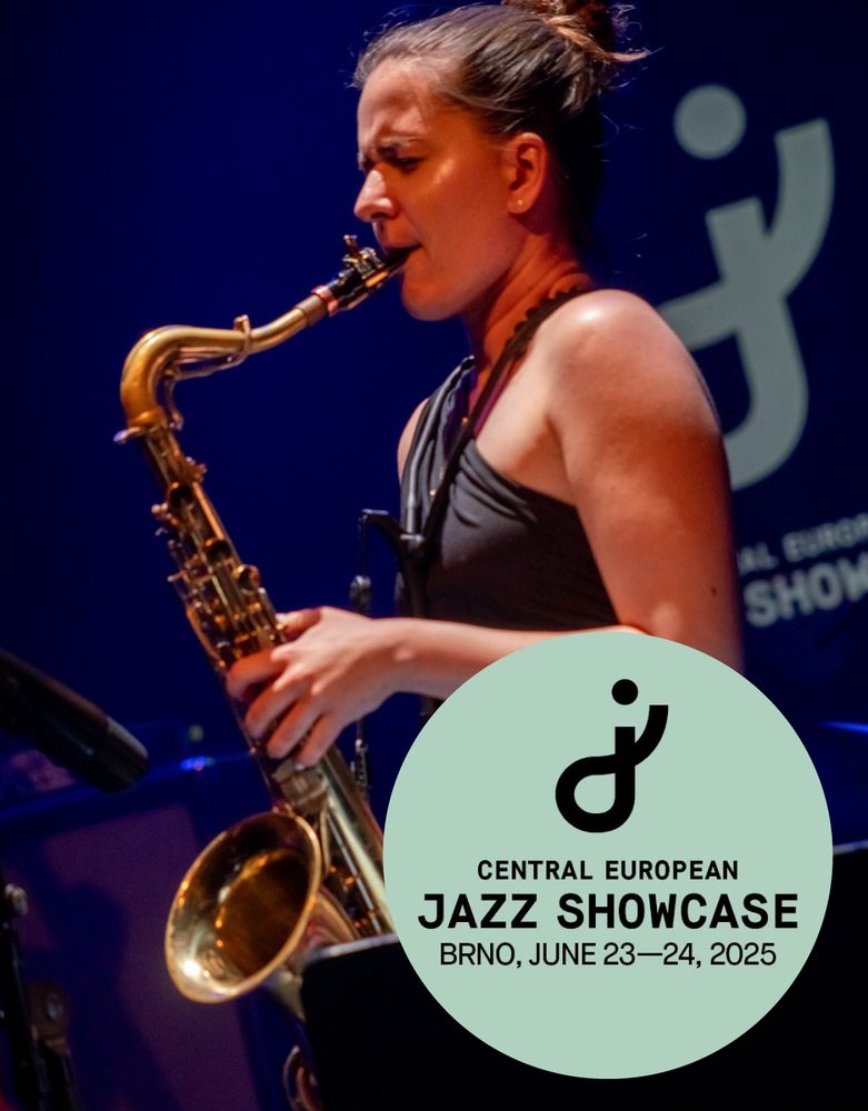 photo of saxophonist Nela Dusova from the Czech Republic plus a circular logo bottom right for the central european jazz showcase, brno, june 23-24.