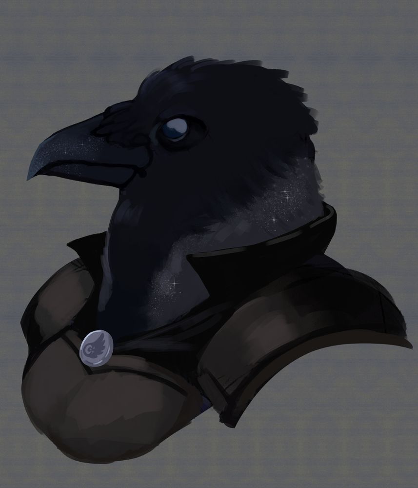 A shoulder-up portrait of a raven in profile wearing a dark suit of armor, with a round crest on his chest, bearing a symbol with a wing, a cresent moon and two stars.