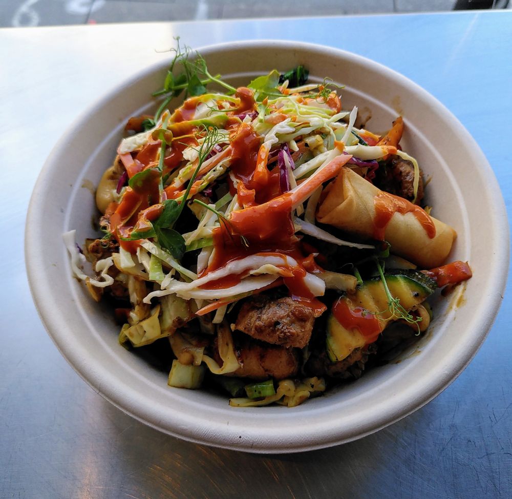 Jerk Bowl
Fragrant Jerk Spices cooked with selected mixed vegetables and ripe plantain served over steamed Cookdaily rice and topped with freshly handcut smoky coleslaw
Vegan Chicken
Cashew Nuts
Spring roll 
Drizzled with scotch bonnet sauce