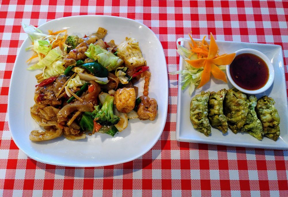 Flat noodles (spicy) with vegetables and tofu, and vegetable gyoza