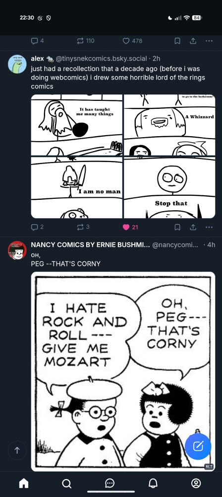 Alex's OP in a screenshot of my feed followed by NANCY COMICS BY ERNIE BUSHMILLER where in a single black and white comic panel some nerdy girl wearing a beret says "I hate rock and roll--give me Mozart" and Nancy, she of the black hair and forehead bow, replies "oh Peg--that's corny".