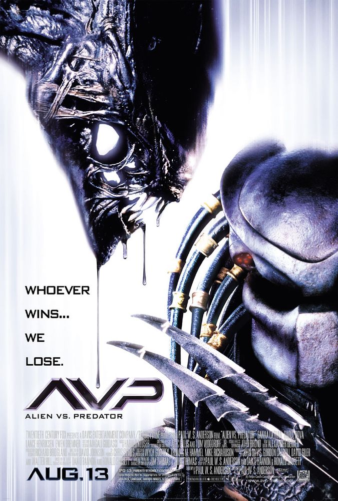 AVP movie poster from... whenever /Alien Vs. Predator/ came out, I'm not bothering to IMDB it. Stark white-streak background, kinda metally-looking Predator in the lower-right just staring at the viewer but is wearing a mask so they're just doing the Wakanda Forever pose with their wristblade. Side of a very gnarly meaty Xenomorph head dripping KY jelly descends from the upper left, looking like it's either alerting the Predator that a second plane has hit the towers or is about to give them a little kissy kissy with their bad oral hygiene.

Point is, this picture is for the tagline:

WHOEVER
WINS...
WE
LOSE