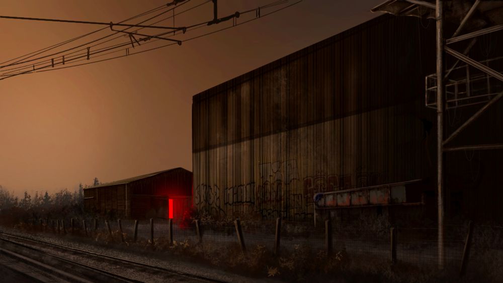 Digital illustration depicting an abandoned train station and train tracks on a stormy day. Behind the tracks lie a hanger with graffiti on the aluminum panels, and a shack out of which a bright red beam pushes out of the front door. The atmosphere is eerie, liminal, and lonely, underlined by sickly orange tones and browns.