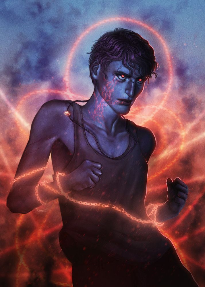 Digital illustration depicting a woman with chains linking her hands and an adversarial expression on her face. She has short brown hair, a long face, and bright marbling on her cheek and neck. She is ready to fight, and bright lights emanate from her eyes. Spectral chains snake behind her as fire smoke rises from the ground. The tones of the piece are blue, orange and red.