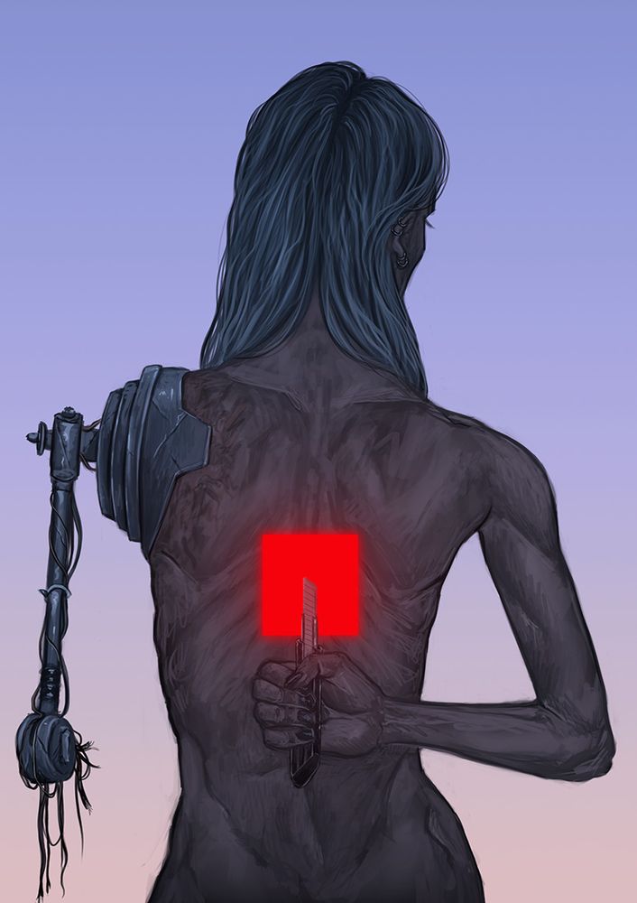 Digital illustration depicting a young woman with parted silver hair, as viewed from behind. The tones are pastel blue and pink, and quite muddied. The woman has a ruined prosthetic arm and with her other, is holding a cutter to a bright red box that stains the middle of her back.