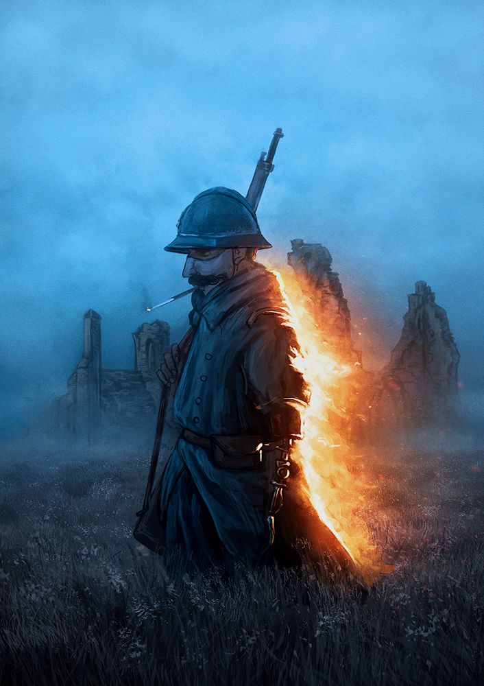 Digital illustration depicting a WWI french soldier in a foggy field of tall grass. The sky is cloudy and a ruined church fades in the background. The soldier himself is in the typical french soldier uniform, with a long coat and helmet, and is on fire. He has a prosthetic arm, and is holding the lanyard of his rifle in the other. He wears a mask, and is smoking a cigarette. The tones clash in between blues and oranges.