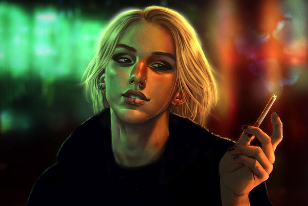Digital illustration depicting a young man with parted, shoulder-length blonde hair, glowing under green and orange neon lights, at night. He has both ear and facial piercings, and is wearing dark make-up around his eyes. Holding his cigarette up graciously, he is unconcerned and carefree, giving a feeling of lightness to the illustration. The background is blurred out, but depicts neon signs.