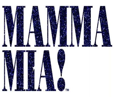 a logo for mamma mia written in purple glitter