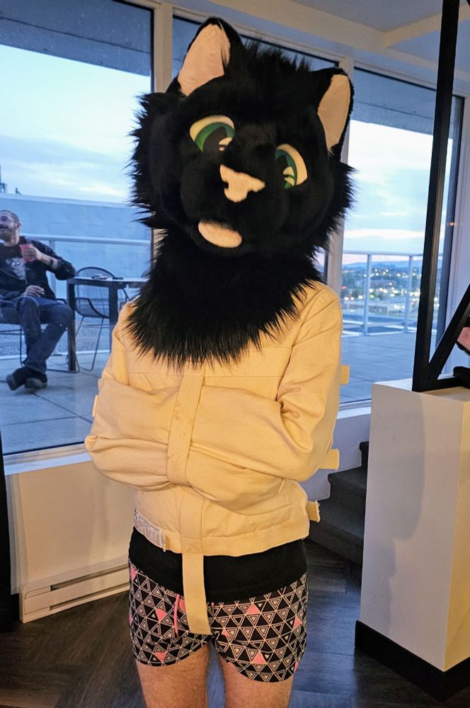 Black kitty fursuit strapped in a straight jacket standing a lil wonky in the middle of the room
