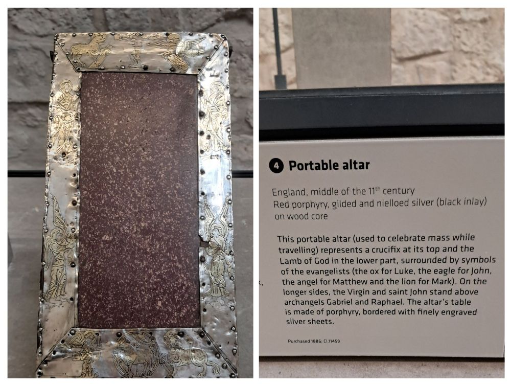 Portable altar.
The Musée de Cluny (Musée National du Moyen Âge) houses an 11th-12th century portable altar, a red porphyry slab with images of the Apostles and saints, and is a good example of early portable altars. 