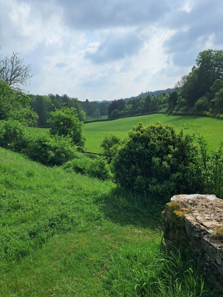 Rock with green fields and trees.