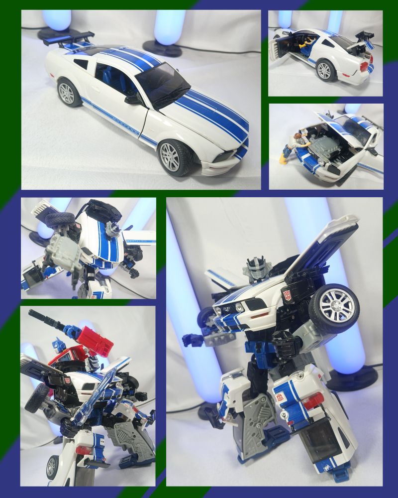 
From what few Alternators figures I've handled in feel Wheeljack has got to be the weakest... I mean its not all bad, for starters the alt mode is absolutely beautiful. Coming from someone who knows jack shit about cars in general, the gimmick being 1 to 1 realistic licensed vehicles is lost on me a little, but I can still acknowledge when it looks super nice! Apparently he's a Ford Mustang of sorts and it does basically everything you'd want out of a model car with opening doors and a full interior, moving steering wheel, opening trunk, pivoting axel, and a hood that reveals an engine inside! Albeit the hood on this one is a pain to open and often comes undone with various panels... 

But its from this point forward where the toy loses me a bit. The transformation is a god damn nightmare! Not particularly complicated but it is fiddly as fuck with tons of tolerance and clearance issues. Causing him to fall apart, especially at the legs and his back panel, and I absolutely despise this step where you have to feet his head through an entirely too narrow panel to get it in place over the hood... long story short its not a fun experience and the robot mode you're left with is... alright. 
I'll admit, he looks cool in robot mode! The hood chest and the shoulder doors make for a cool silhouette and that face sculpt is sick! But his chonk definitely nerfs his articulation a bit and despite having tons of joints, is too clunky to really get good poses out of. And his seat feet and loose hips leave him a little unstable too so he feels like hes gonna topple over at any moment. And that butt flap is just... so untidy. 

In the end, if you're going into this line I wouldn't start with this guy, I'd say only buy him if you're a fan of that specific car or a wheeljack completionist... otherwise there's better toys on the market!