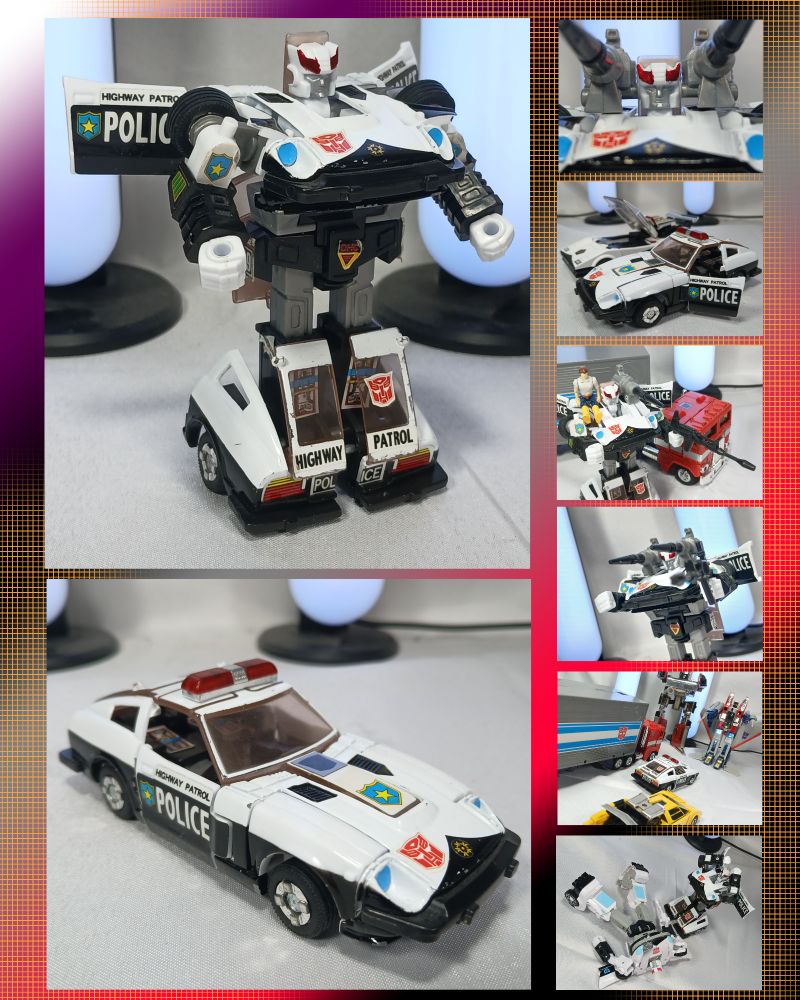 Review 1096 
TRANSFORMERS G1 COMMEMORATIVE SERIES PROWL 

The latest addition to my G1 collecting journey, consists of this fuckin dude. Who for the longest time I didn't really have any interest in getting, he sat there in my local collectors shop for months before I finally decided to get him using trade fodder and store credit I had anyway. And there are minor differences between this release snd the 1984 original, mostly just the lack of chrome on the rifle and missiles, which I do miss a little but im not that worried. 

But here he is... honestly one of the godfathers of transformers in a way, as his hood chest, roof back, door wing design is the pure fundamental basis for what is your standard car robot build! Shared not only be other G1 bots like the other datsuns but also jazz, and many modern bots like the live action bumblebee, and countless competitors and KOs use this very same design philosophy thay all stems from this guy! 

Articulation actually isnt bad for the time! No leg or head movement of course, but arms are loaded in basically all the places they needed to be, universal shoulders, 90° elbows and rotating wrists, meaning this can be one expressive Brick! 
And despite being a cop, I will say the alt mode is very pretty! The all clear windows actually do this deco justice I feel, and its just got a good feel to it overall! Helps you forget the fact he has no side windows! And you can fit a diaclone pilot in there, which is such a fun gimmick like how come G1 never really made the most of it! Its so cool having little guys drive around in your transformers toys!

Turns out this is a pretty decent toy all things considered, he may be basic by modern standards, but hes pretty fun and pretty, so im not too mad he managed to invade my hou- 
Eh not gonna go further with that joke.