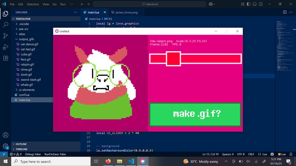 a visual studio code screenshot with a window covering in with a crudely made animation player