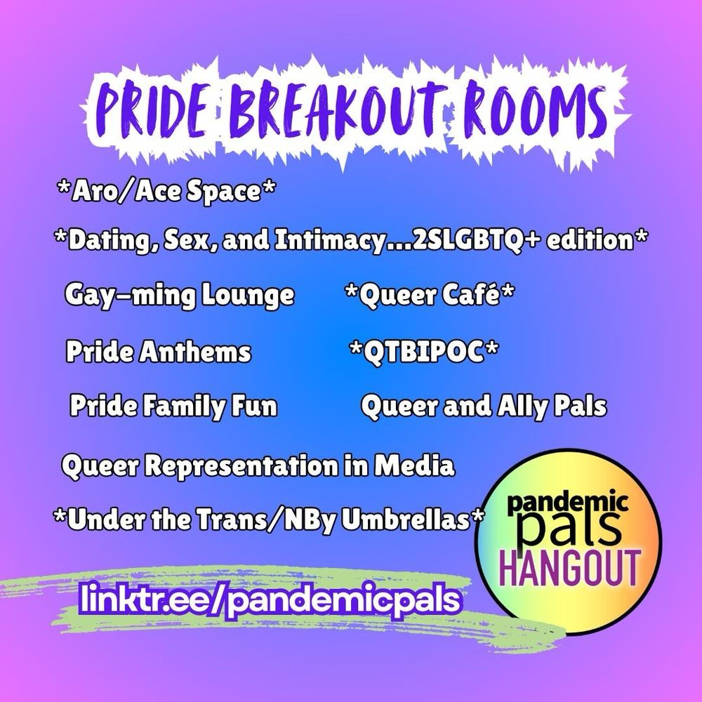 2- Purple gradient background with Pride Breakout rooms list in white text. Linktr.ee/pandemicpals for list of rooms and descriptions. 